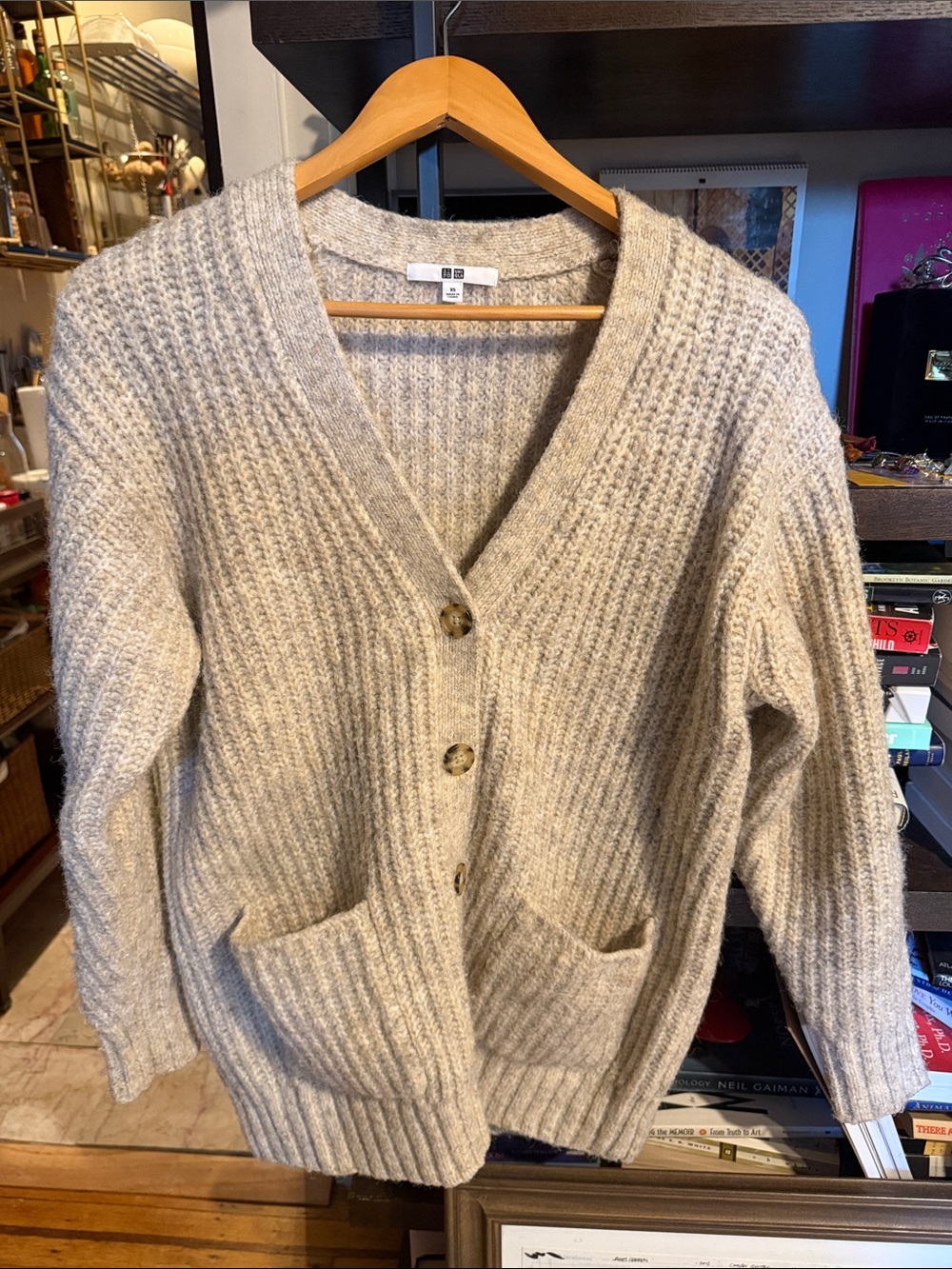 Cozy Wool-blend Women's Heathered Cream Ribbed Button Cardigan Sweater